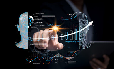 Businessman touch automated data management system to create reports with KPIs and indicators...