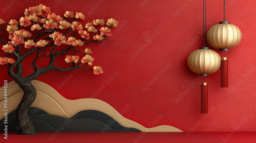 Poster a serene red backdrop features a decorative tree with blossoms and elegant lanterns, creating a harm