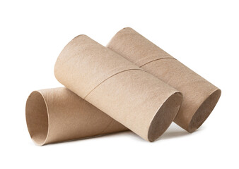 Three tissue paper cores or toilet paper tubes in stack isolated on white background with clipping path