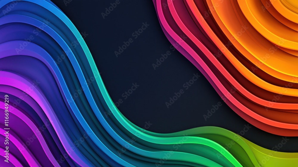 Poster a vibrant, abstract design featuring colorful wavy lines against a dark background, creating a dynam
