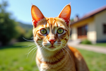 A ginger cat with green eyes sits on green grass
