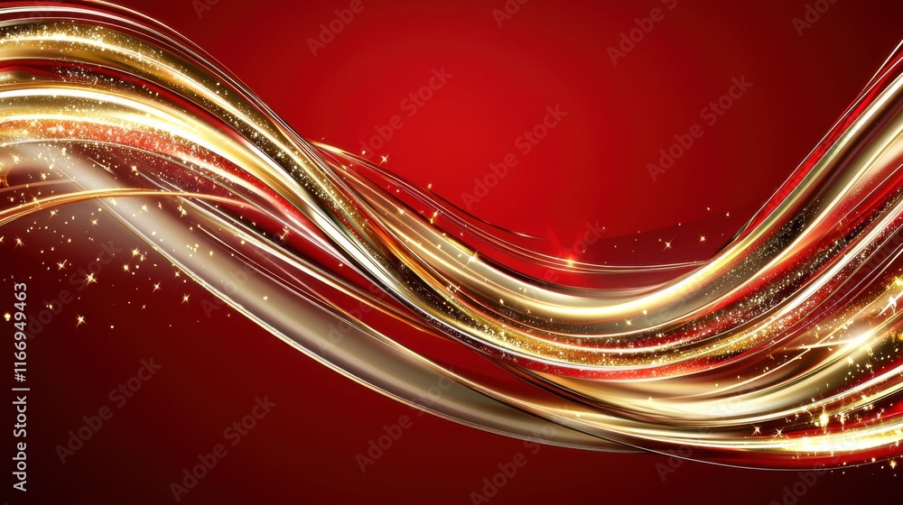 Poster a vibrant red background with flowing golden waves and sparkling elements, creating a dynamic and fe