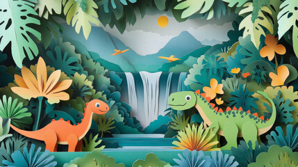 Prehistoric dinosaurs paper cut banners with vector dino animals, jurassic jungle forest and waterfall. Cartoon cute styracosaurus, corythosaurus and centrosaurus, funny argentavis and titanosauria