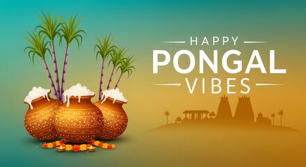 Elegant pongal vibes with sugarcane decorated pot and traditional temple in backdrop on gradient background, banner design