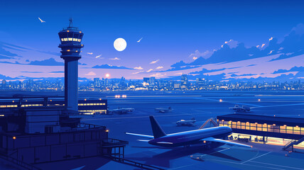 月の照らす夜の都会を飛ぶ飛行機のイラスト素材,旅行,仕事,出張,夜景,挿絵,