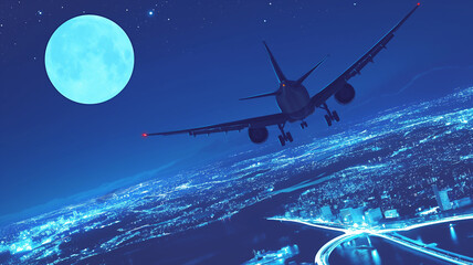 Fototapeta premium 月の照らす夜の都会を飛ぶ飛行機のイラスト素材,旅行,仕事,出張,夜景,挿絵,