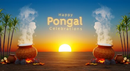 Beautiful Pongal illustration depicting a serene sunset, pots of milk, sugarcane, and fields, representing thanksgiving and harvest theme