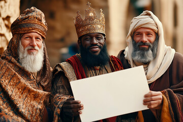 Reyes magos de oriente sujetando un cartel en blanco