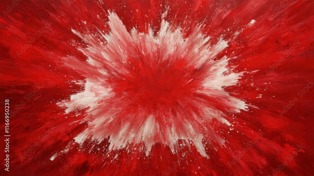 Poster a vibrant abstract painting featuring a burst of red and white colors, creating a dynamic and energe