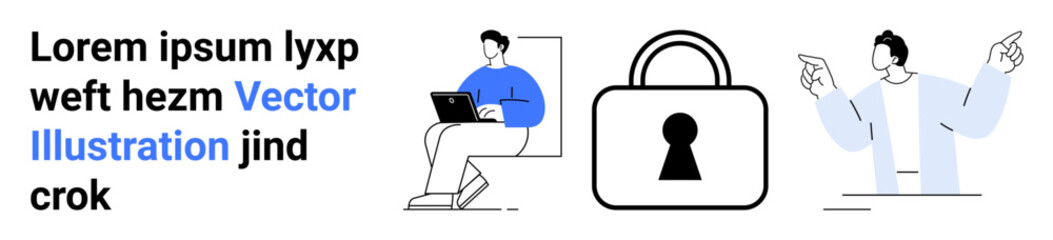 Man working on laptop, large padlock symbol, and person explaining ideas. Ideal for technology, security, communication, collaboration, remote work data privacy and digital environments. Landing