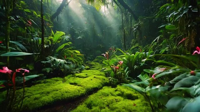 Close-up of a rainforest floor teeming  life exotic flowers, amphibians, and insects to emphasize importance of conservation, luxury live, 4k High-Quality Luxury Wallpaper Background Animation Video