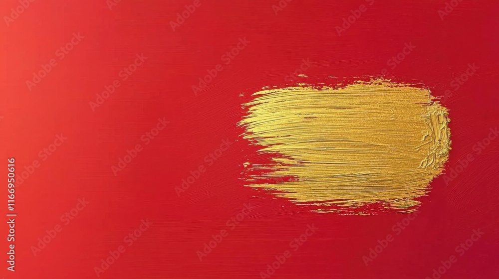 Poster bold red background with a textured golden brushstroke, creating a striking visual contrast and a se