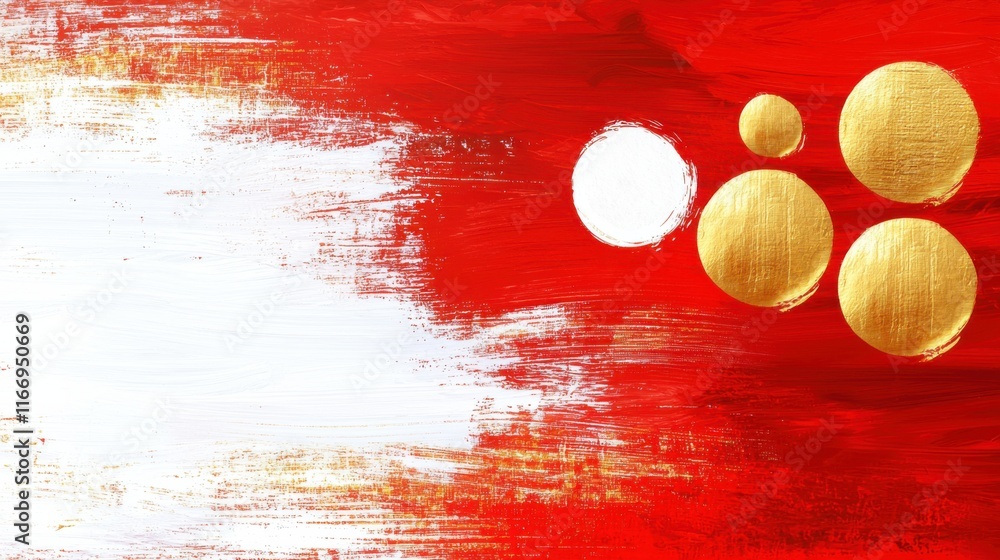 Aufkleber a vibrant abstract artwork featuring bold red and white brush strokes with golden circles, creating 
