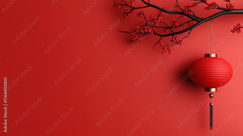 Poster a vibrant red lantern hangs from a branch against a matching red background, evoking a festive and c