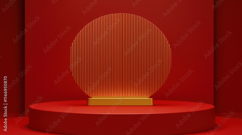 Poster a minimalistic scene featuring a circular structure with vertical lines, set against a vibrant red b