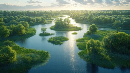 Fototapeta premium Serene sunrise over a lush river delta.