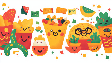Cinco de Mayo holiday banner. Cartoon Tex Mex food characters. Hispanic culture holiday invitation card, Cinco de Mayo festival vector background with nacho chip, avocado and burrito, jalapeno pepper