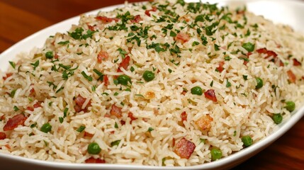 Delicious Fried Rice with Bacon and Peas Garnish