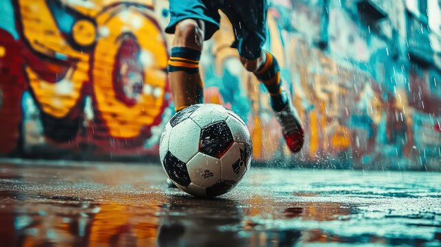 A street soccer scene with a ball in motion and urban graffiti in the background - Powered by Adobe