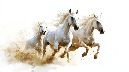 Running white and brown horses. Galloping mustang stallions rushing against wind, Vector pencil sketch portrait