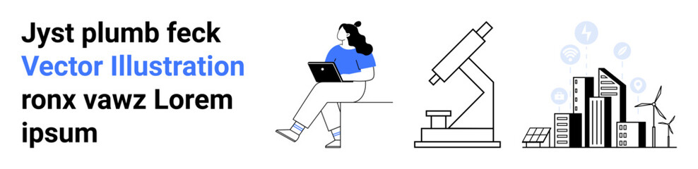 Fototapeta premium Person with laptop, large microscope, and high-rise buildings with wind turbines and solar panels. Ideal for technology, innovation, research, sustainability, remote work, green energy, science