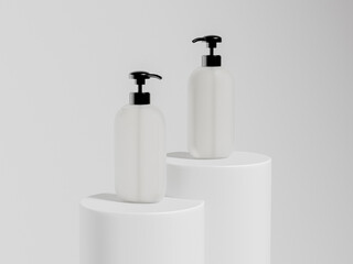 Pump bottles mockup, frosted glass dispenser bottles display on poduime background, cylindrical liquid cosmetic packaging, oval shape personal care bottle, liquid product container, round pump bottle