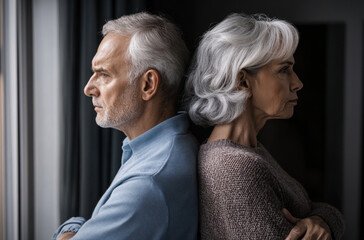 Two older adults sit back to back in their home, expressing feelings of frustration and disconnect. The dim lighting emphasizes their mood and the space between them.