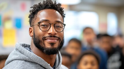 Smiling young man with glasses.