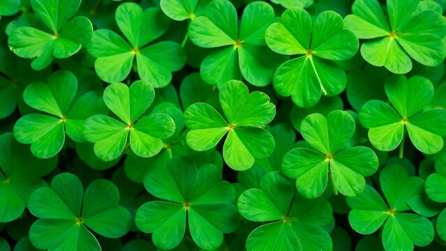 Green Clovers Background. Saint Patrick Day Clover Background. Green nature backdrop. Four-leaf Clovers surface - Powered by Adobe