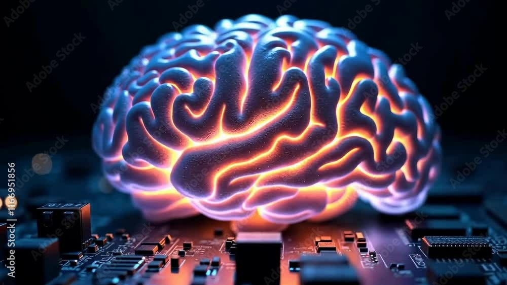 Aufkleber a brain that glows with bright colors. it is located on a surface resembling a computer board or a m