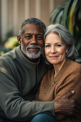 Fototapeta premium A photograph of an attractive senior Black couple in their mid-60s, embracing each other and smiling.