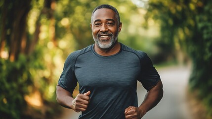 Healthy middle-aged black man  jogging on park. 