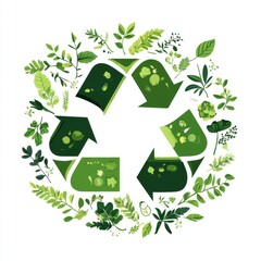 Illustration of a green recycling symbol surrounded by lush leaves and plants, embodying eco-friendliness.