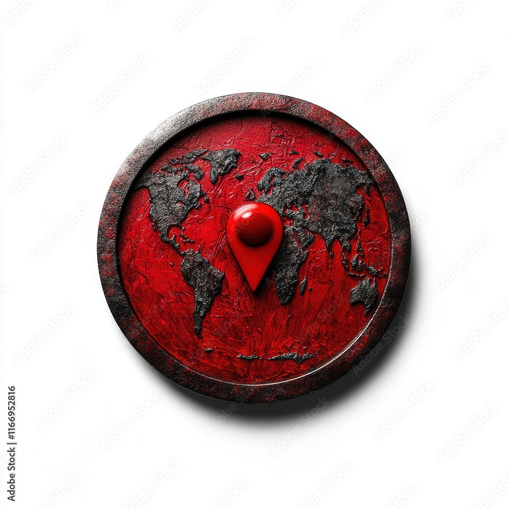 Poster artistic representation of a world map with a bold red location pin, symbolizing exploration and tra