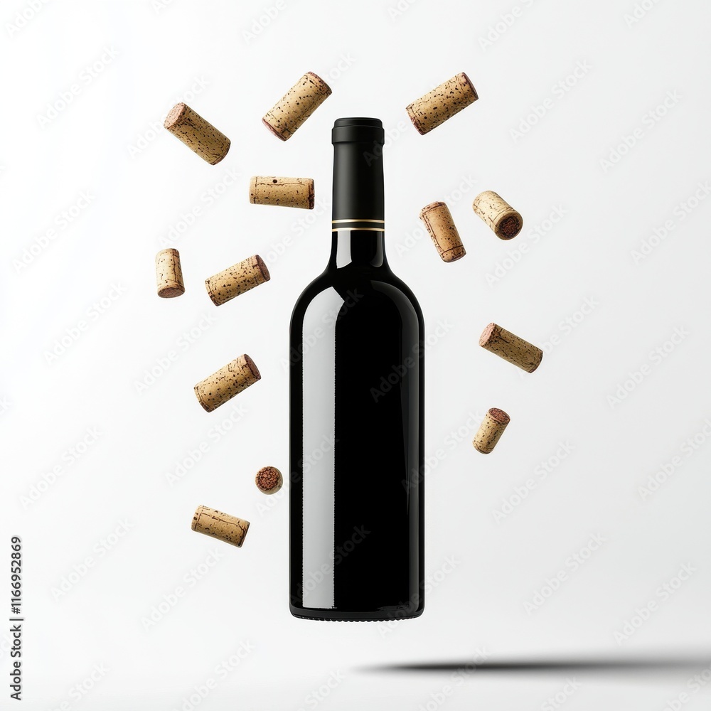 Poster an elegant bottle of red wine surrounded by flying corks, creating a dynamic and festive atmosphere.