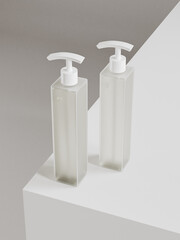 Pump bottle mockup, elegant translucent liquid dispenser bottle display mockup, frosted plastic body wash packaging, frosted glass lotion container, square liquid soap and hair product bottle mockup