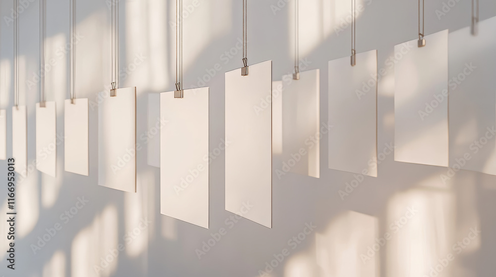 Poster hanging white paper sheet posters mockup, realistic 3d vector blank pages on strings in photo galler