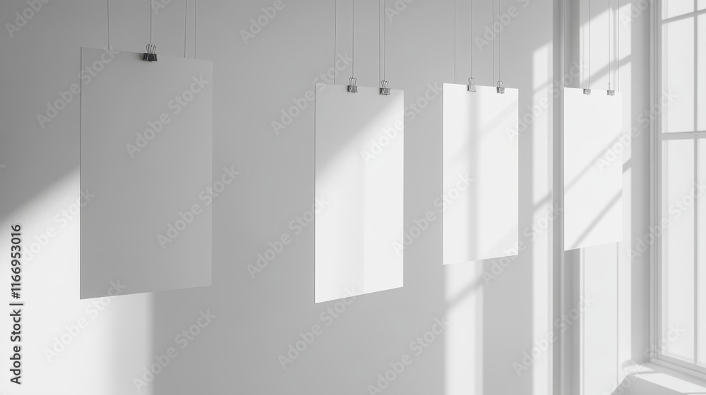 Poster hanging white paper sheet posters mockup, realistic 3d vector blank pages on strings in photo galler