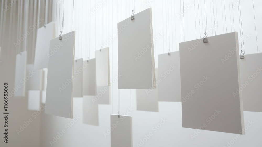 Poster hanging white paper sheet posters mockup, realistic 3d vector blank pages on strings in photo galler
