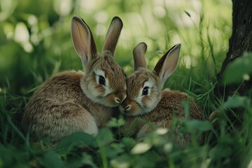 Obraz premium Two cute bunnies cuddling in the grass