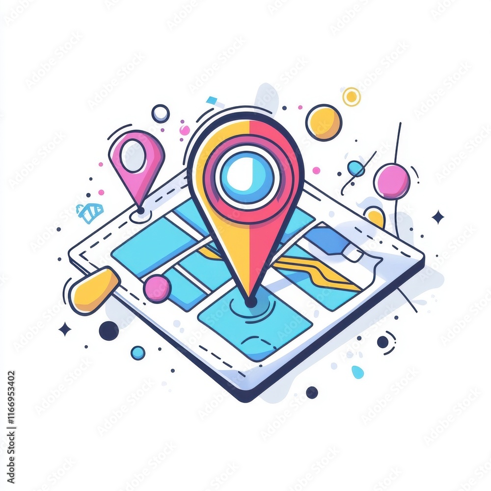 Poster a colorful digital illustration of a map with location pins and abstract geometric shapes.