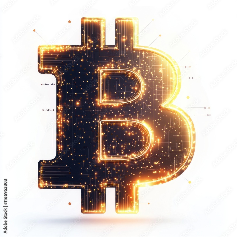 Poster digital representation of a golden bitcoin symbol radiating with glowing particles, symbolizing cryp