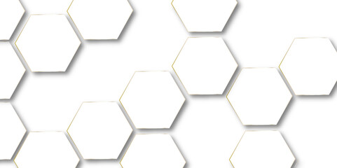 White Hexagonal background with golden light. Hexagon technology white and gold colored honeycomb abstract background. Dark 3d geometric texture illustration. Bright grid pattern.	

