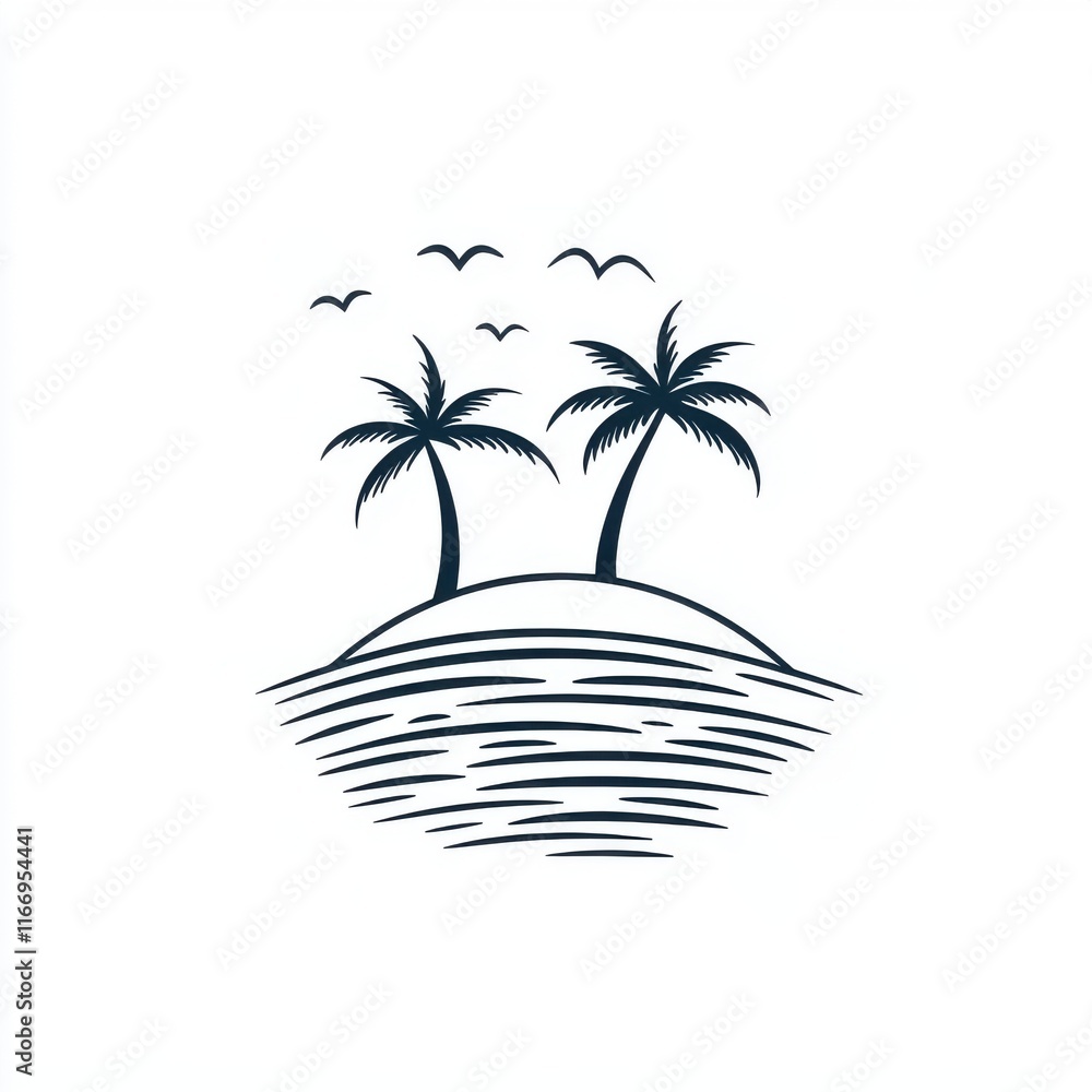 Poster silhouette of two palm trees on a small island with birds in a minimalist design.