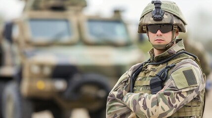 A soldier in military uniform standing alert with a serious expression. vigilance, preparedness, determination, honor, country, nation, security, propaganda, national defense, strength, defense