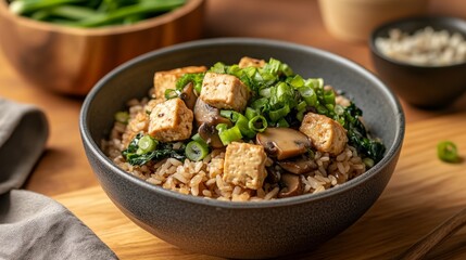 Vegan Fried Rice with Tofu and Mushroom Garnish