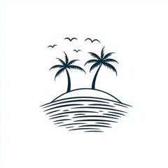 Fototapeta premium Silhouette of two palm trees on a small island with birds in a minimalist design.