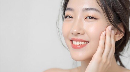 Glowing Asian Woman with Radiant Skin Touching Face, Perfect Glass Skin Beauty Care, Korean Skincare, Makeup and Cosmetics, Fresh and Healthy Look, Natural Beauty