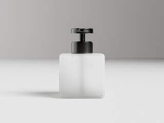 front view of square Pump bottles mockup, cubic shape liquid dispenser bottles, small geometry shape body wash packaging, translucent plastic lotion container, frosted glass cosmetic dispenser mockup