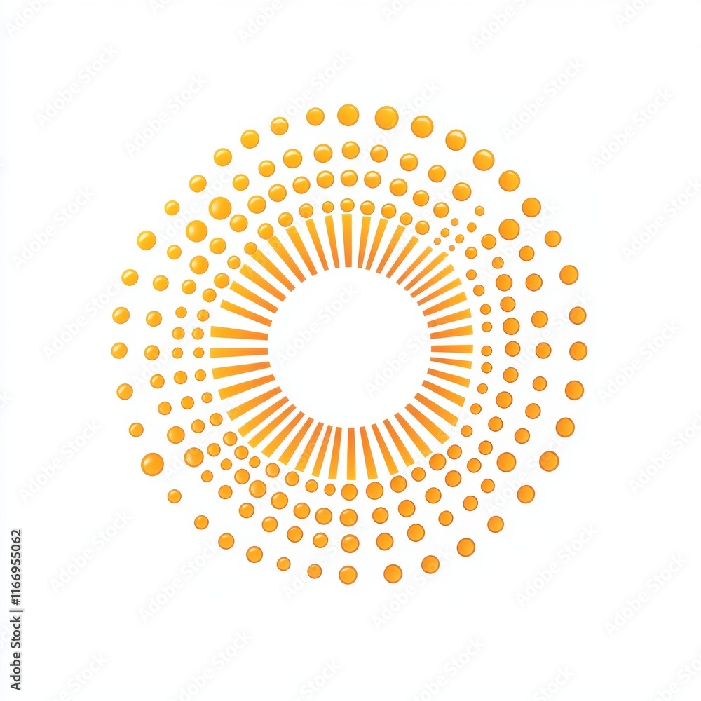 Poster vibrant circular pattern with orange dots radiating outward, creating a dynamic sunburst effect.